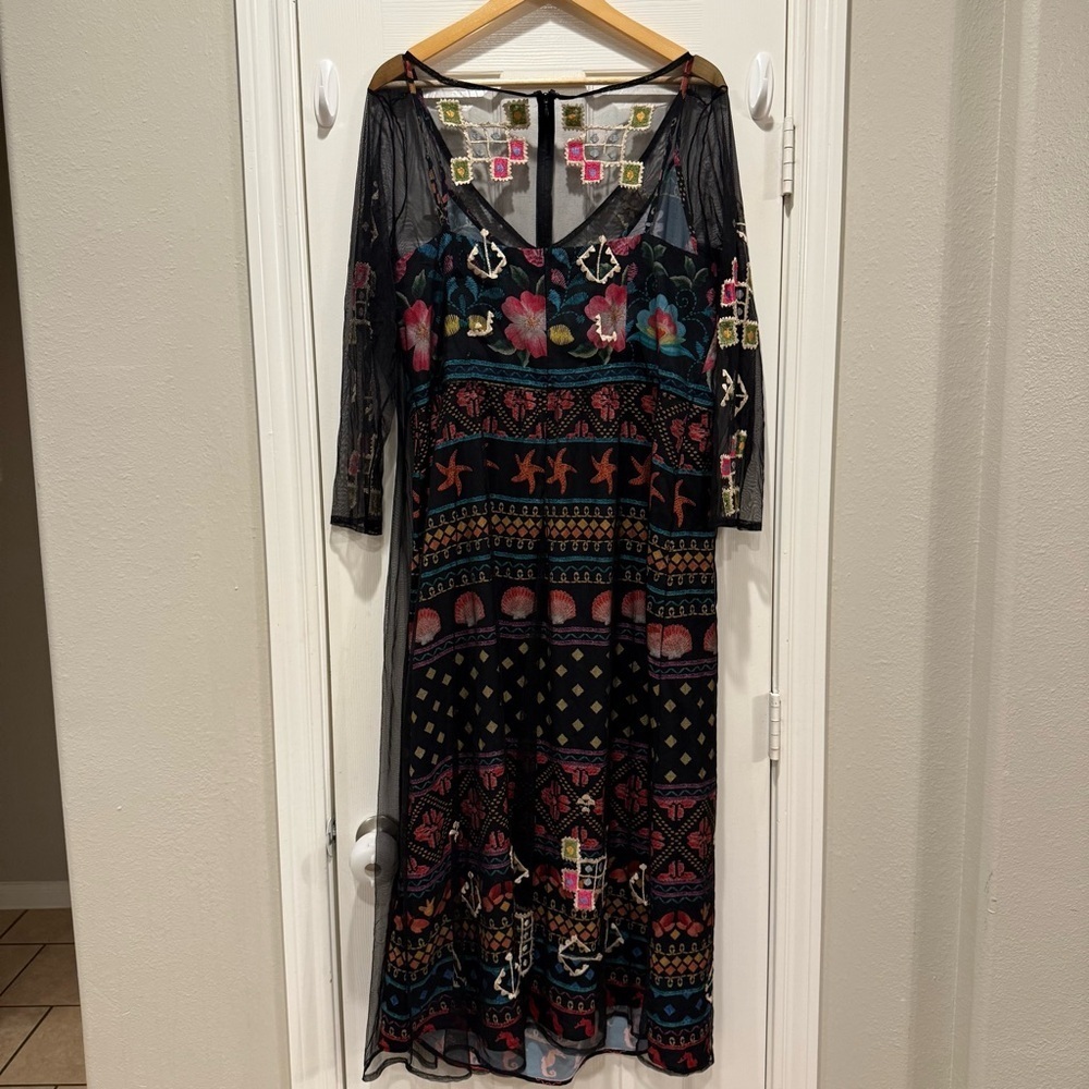 eShakti Maxi Dress Size 16 Black Floral Embroidery Tulle Overlay Ocean Bohemian - Picture 3 of 9